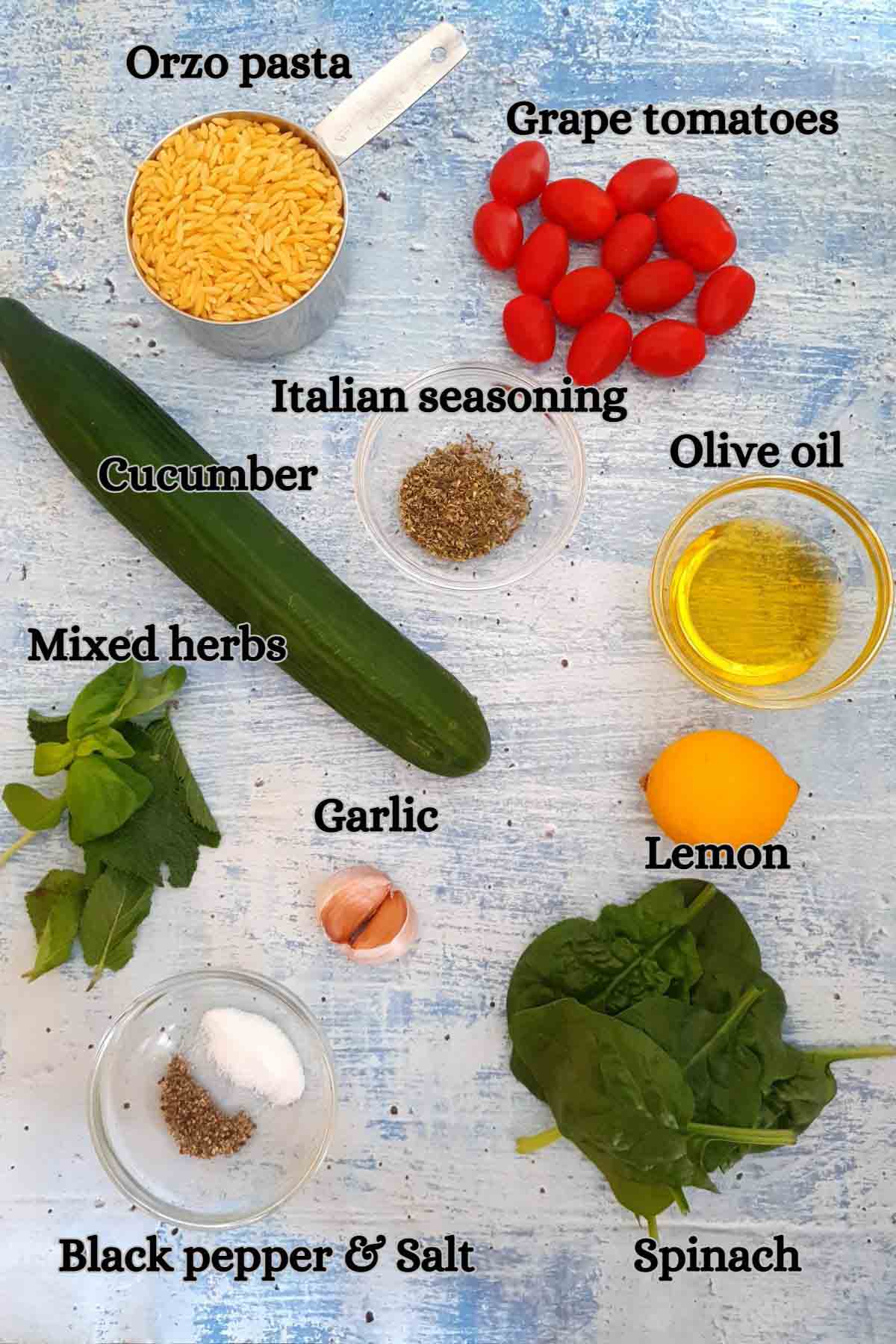 ingredients of orzo pasta salad 